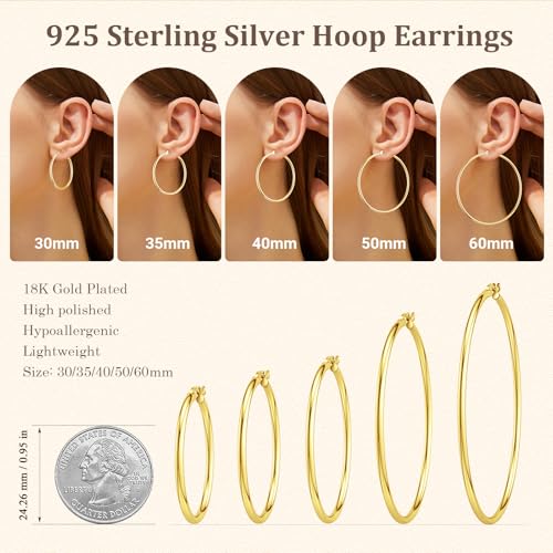 JIAYIQI Sterling Silver Hoop Earrings 18K White Gold Plated Silver Circle Endless Earrings Hoops Jewelry Lightweight Hoop Earring for Women Diameter 10,14,16,18,20,25,30,35,40,50,60mm - style: Gold-30mm