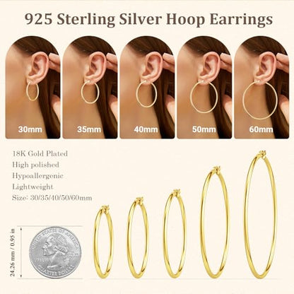 JIAYIQI Sterling Silver Hoop Earrings 18K White Gold Plated Silver Circle Endless Earrings Hoops Jewelry Lightweight Hoop Earring for Women Diameter 10,14,16,18,20,25,30,35,40,50,60mm - style: Gold-30mm