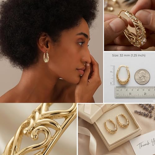 LeCalla 925 Sterling Silver Hoop Earrings | Women's Filigree Hoop Earrings | Openwork Mesh Filigree Cut Earring | Lightweight & Hypoallergenic Vintage Hoop Earrings for Women - style: Yellow-Gold / Oval Filigree