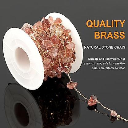 KYUNHOO 16.4FT Natural Gemstone Chain Links for Jewelry Making with Clasps | KC Gold Plated Brass Jewelry Chain Spool Handmade Natural Raw Healing Crystal Stone Chains for Necklace Making - color: Natural Stone-Strawberry