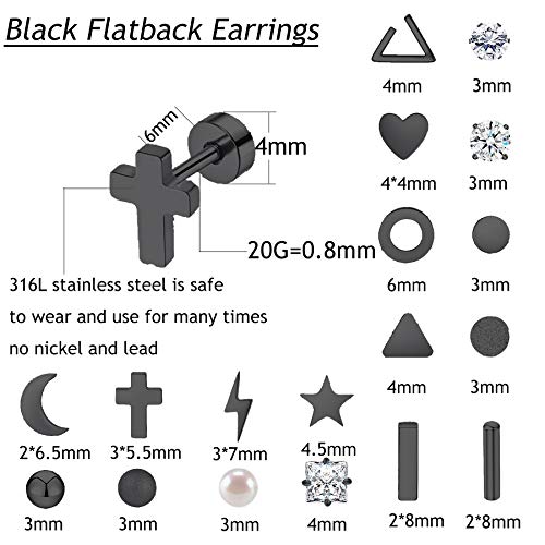 Staligue 18 Pairs Flat Back Earrings Set –Hypoallergenic 20G Surgical Steel | 18 Pairs Flat Back Earrings, 20G 0.8mm Surgical Steel Studs, Hypoallergenic Nickel Free, Cartilage Lobe Piercing Jewelry - color: Jet-black, size: 18 Sets