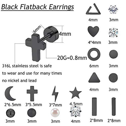 Staligue 18 Pairs Flat Back Earrings Set –Hypoallergenic 20G Surgical Steel | 18 Pairs Flat Back Earrings, 20G 0.8mm Surgical Steel Studs, Hypoallergenic Nickel Free, Cartilage Lobe Piercing Jewelry - color: Jet-black, size: 18 Sets