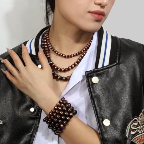 KOSMOS-LI Western Style Multi Layer Necklaces Bracelet Earrings Faux Pearl Cowgirl Beaded Women Jewelry Sets - color: bronze21080