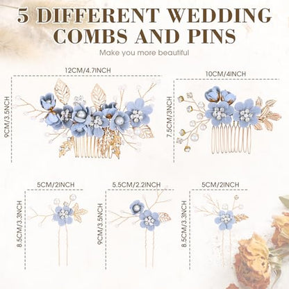 5 Pieces Wedding Hair Comb Bridal Hair Pins Crystal Pearl Accessories Rhinestone Flower Piece for Wedding Bride Women(Light Blue,Fresh Style)