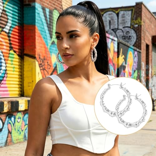 PAGOW 3 Pairs Large Bamboo Earrings, Silver Plated Hoop Bamboo Earrings | Round Hoop Y2K Earrings, Hypoallergenic 80s 90s Shiny Hip Hop Earring Hoops for Women Jewelry Party - 3 Sizes - color: silver,hoop 3 sizes
