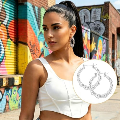 PAGOW 3 Pairs Large Bamboo Earrings, Silver Plated Hoop Bamboo Earrings | Round Hoop Y2K Earrings, Hypoallergenic 80s 90s Shiny Hip Hop Earring Hoops for Women Jewelry Party - 3 Sizes - color: silver,hoop 3 sizes