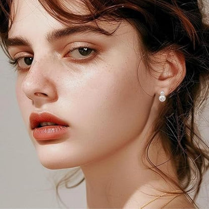 Bi&Yamigeo Mini Double Pearl Drop Stud Earrings,White Round Dangle Jewelry