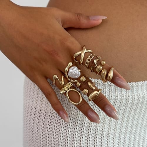 CSIYANJRY99 Gold Silver Rings Set for Women Trendy Irregular Chunky Gold Ring Baroque Pearl Rings Stackable Statement Knuckle Ring Jewelry - color: D-Gold