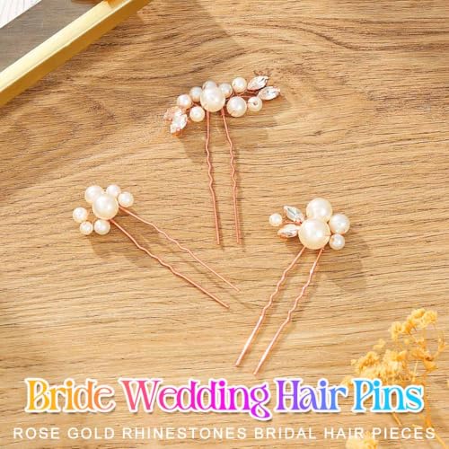 Heread Pearl Bride Wedding Hair Pins Crystal Bridal Headpiece Hair Accessories for Women and Girls (Pack of 3) - color: Rose Gold