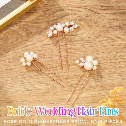Heread Pearl Bride Wedding Hair Pins Crystal Bridal Headpiece Hair Accessories for Women and Girls (Pack of 3) - color: Rose Gold