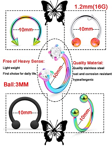20G 18G 16G 14g Septum Rings Surgical Steel Horseshoe Nose Septum Rings Cartilage Helix Tragus Rook Daith Earring Hoop Lip Piercing Jewelry Retainer for Women Men - style: 16g 10mm