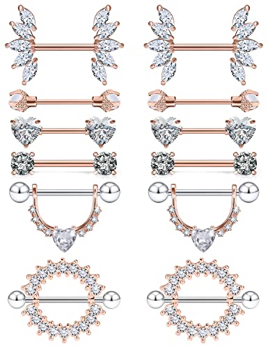 Lcolyoli 14G Surgical Steel Nipple Rings for Women Nipple Shield Barbell Ring Bar Nipple Piercing Jewelry Clear Diamond CZ Set - color: 14g-6 pairs-rose gold