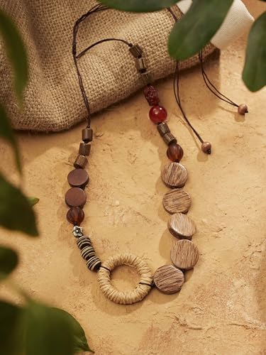 MINACHI Handmade Braided Necklace for Women, Wooden Beads, Rattan Charm, Vintage Style, Gift Jewelry - style: Necklace SL14-001