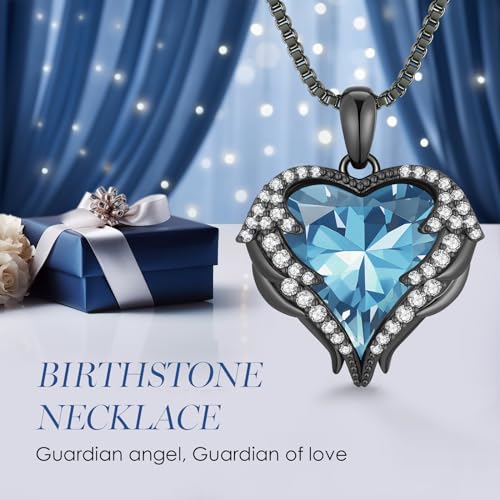 CDE Angel Wings Heart Birthstone Pendant Necklace Gift for Women | Silver/Gold Tone,Ideal Birthday & Anniversary Jewelry Gift for Wife,Girlfriend,Her - color: Black-03-AquamarineLight Blue Birthstone