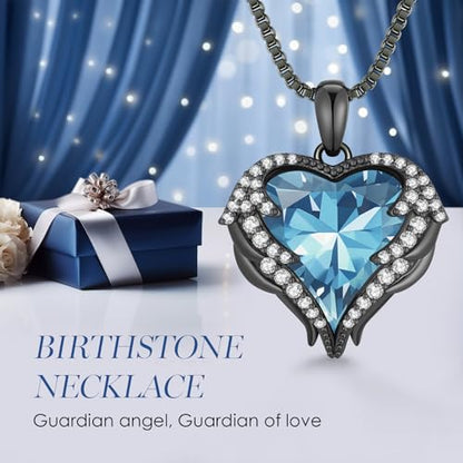 CDE Angel Wings Heart Birthstone Pendant Necklace Gift for Women | Silver/Gold Tone,Ideal Birthday & Anniversary Jewelry Gift for Wife,Girlfriend,Her - color: Black-03-AquamarineLight Blue Birthstone