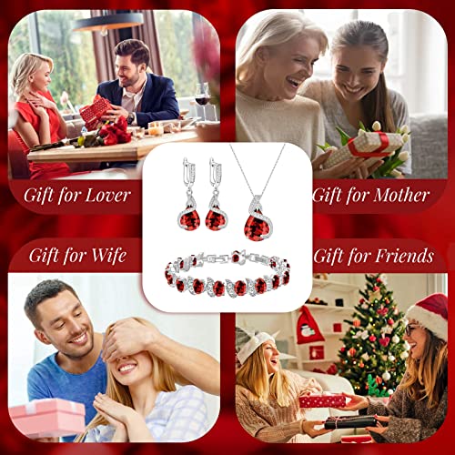 GZWHD Jewelry Set for Women Water Drop Cubic Zirconia Artificial Crystal Earrings Pendant Necklace Open Ring Tennis Bracelet Wedding Anniversary Birthday Engagement Gift for Bridesmaid Wife Girlfriend Friend - color: Garnet-No Ring