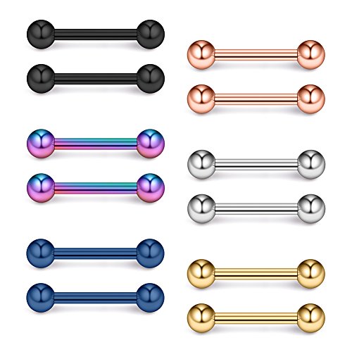 Ruifan 316L Stainless Steel Nipple PA Tongue Shield Barbell Ring Bar Body Piercing Retainer 12G 14mm 2-12PCS - color: 12PCS - Mix Color