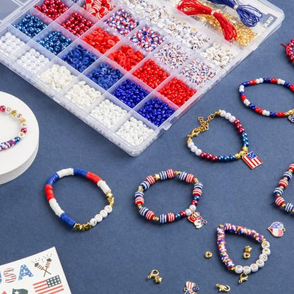 Goldwise 2958 Pcs 4th of July Red White and Blue Beads Bracelet Making Kit with Clay Beads Glass Seed Beads Tattoo Stickers, Patriotic Beads for Jewelry Making with Letter Beads and Charms - size: 4th of July