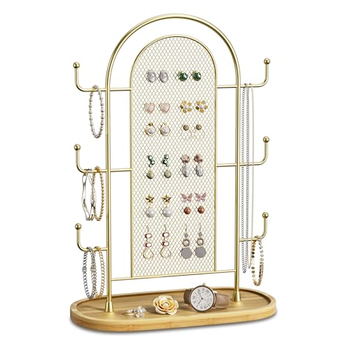 bussdis Jewelry Holder Organizer Earring Display - Earring Storage Tree Stands Towers With 6 Hooks 300 Studs Wood Tray Gold Metal Rack - color: Gold