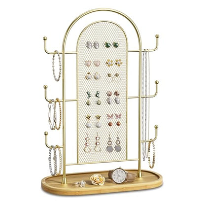 bussdis Jewelry Holder Organizer Earring Display - Earring Storage Tree Stands Towers With 6 Hooks 300 Studs Wood Tray Gold Metal Rack - color: Gold