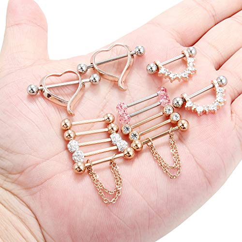 14G 9/16Inch Crystal Ball Nipple Tongue Shield Ring Barbell Body Piercing Jewelry Retainer 8-14PCS - color: 14PCS - Rose Gold