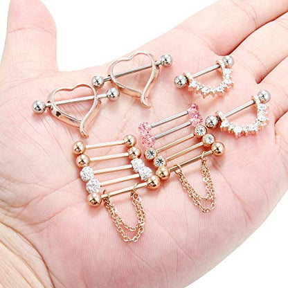 14G 9/16Inch Crystal Ball Nipple Tongue Shield Ring Barbell Body Piercing Jewelry Retainer 8-14PCS - color: 14PCS - Rose Gold