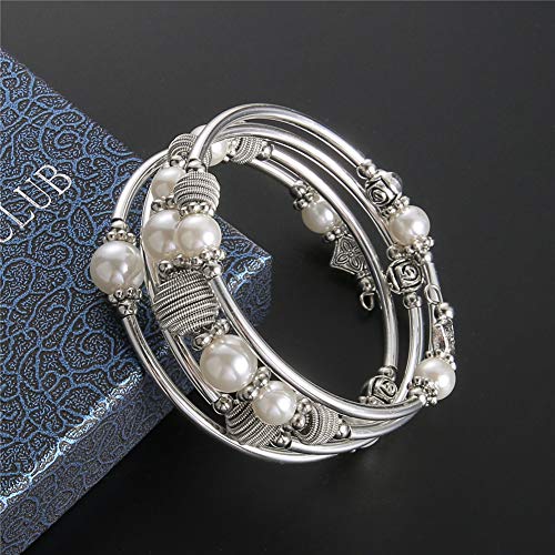 PEARL&CLUB Beaded Chakra Bangle Turquoise Bracelet - Fashion Jewelry Wrap Bracelet with Thick Silver Metal and Mala Beads, Birthday Gifts For Women - color: White Pearl