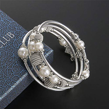 PEARL&CLUB Beaded Chakra Bangle Turquoise Bracelet - Fashion Jewelry Wrap Bracelet with Thick Silver Metal and Mala Beads, Birthday Gifts For Women - color: White Pearl