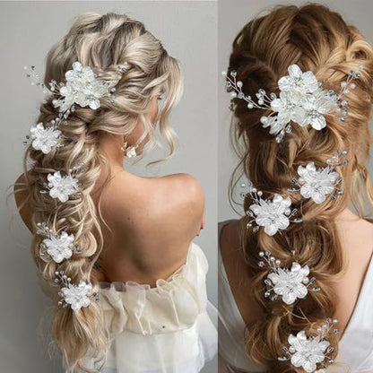 5 PCS Large Flower Bridal Wedding Hair Pins Crystal Pearl Hair Clips Headpiece Bride Hair Accessories Jewelry with Rhinestone, Glitter Emboss White Flower - color: Glitter Emboss White Flower