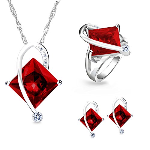 Uloveido Charm Created Topaz Big Square Crystal Necklace Matching Stud Earrings Rings Jewelry Set T295 - color: Red
