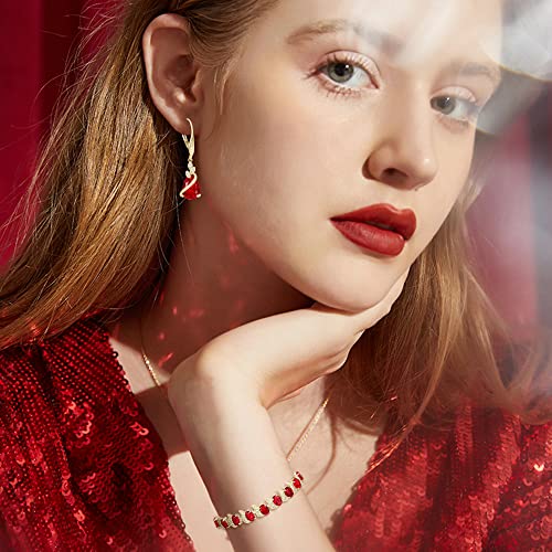 Jewelry Set for Bride, Sparkling Water Drop Cubic Zirconia Crystal Pendant Necklace Leverback Earrings Tennis Bracelet Adjustable Ring Gift for Wedding/Birthday/Mother's Day/Christmas - color: 10-Ruby Color Gold-Plated-Brass