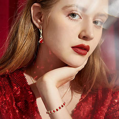 Jewelry Set for Bride, Sparkling Water Drop Cubic Zirconia Crystal Pendant Necklace Leverback Earrings Tennis Bracelet Adjustable Ring Gift for Wedding/Birthday/Mother's Day/Christmas - color: 10-Ruby Color Gold-Plated-Brass