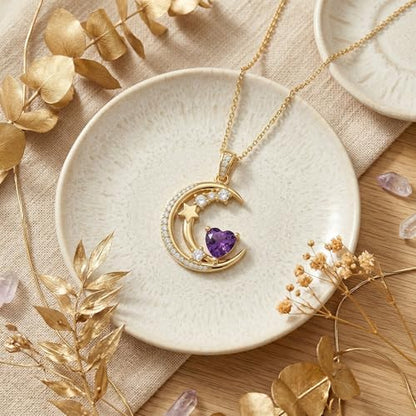 Midari 18K Gold Moon Star Necklace Moon Star Pendant Necklace with 12 Months Birthstones Moons Jewelry Gifts for Women Mom Her - color: 02-February