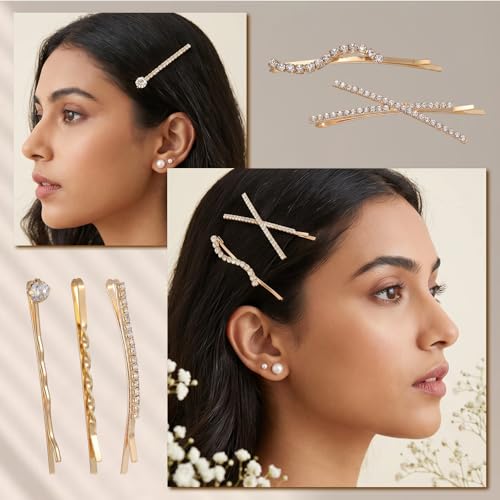 16 Pcs Gold Hair Pins Decorative I S X Shaped Diamond Hair Accessories Gold Rhinestone Bobby Pins Set Fancy Metal Hairs Clips Crystal Shiny Barrettes for Women Wedding Prom Party