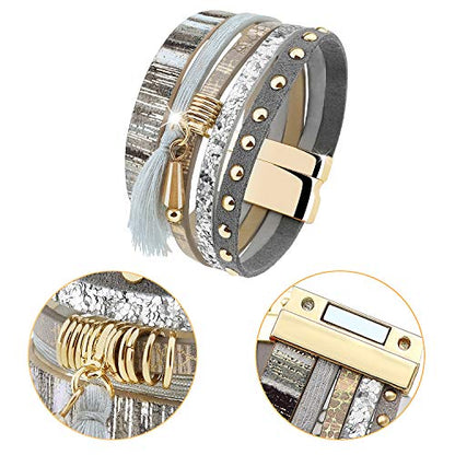 Wowanoo 3Pack Leather Cuff Bracelet Set Multilayer Wrap Bracelet Crystal Feather Tree Bracelet Magnetic Clasp Bracelet for Women - color: Grey