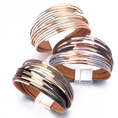Fesciory Leather Wrap Bracelets for Women, Boho Western Layered Jewelry | Layered leather cuff bracelets, Easy on and off, Boho western style, Daily wear, Gift for women - color: Champagne 1