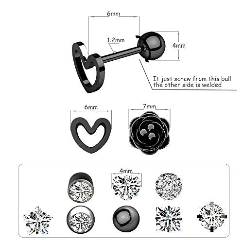 10 Pairs 16g Ear Cartilage Helix Surgical Stainless Steel Cubic Zirconia Stud Cartilage Earrings Huggie Screw Backs Ear Tragus Auricle Cute Love Heart Flower Barbell Piercing Set 4mm - color: Black