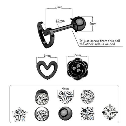 10 Pairs 16g Ear Cartilage Helix Surgical Stainless Steel Cubic Zirconia Stud Cartilage Earrings Huggie Screw Backs Ear Tragus Auricle Cute Love Heart Flower Barbell Piercing Set 4mm - color: Black