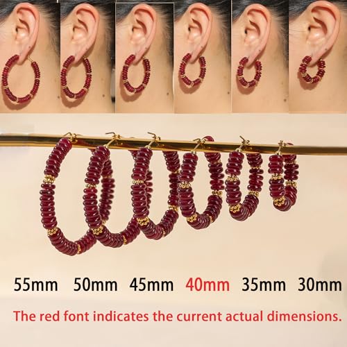 Wellike Beaded Hoop Earrings for Women Natural Stone Pink Gold Huggie Earrings Hypoallergenic Dainty Waterproof Trendy Jewelry - color: Burgundy, size: 40mm