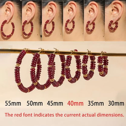 Wellike Beaded Hoop Earrings for Women Natural Stone Pink Gold Huggie Earrings Hypoallergenic Dainty Waterproof Trendy Jewelry - color: Burgundy, size: 40mm