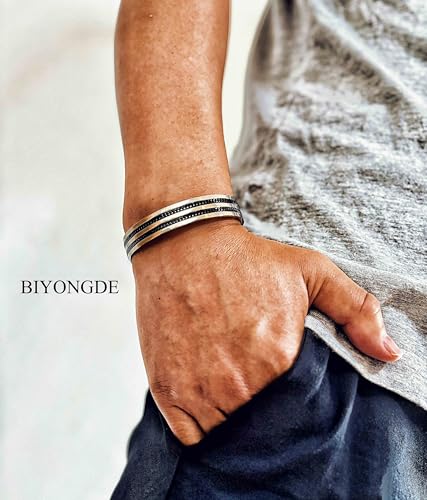 Stainless Steel Cuff Bracelet with Inlaid Chain,Sleek Open Bangle - color: Silver Cuff with Double Black Chain