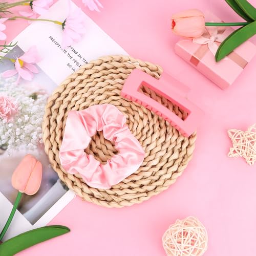 YISSION Claw Clip and Satin Scrunchie Set, 2 Pack Light Pink Hair Accessories, No Damage Hair Ties Non Slip Large Hair Clips for Women Girls Thick Thin Hair Daily Wear Party Wedding - color: Pink