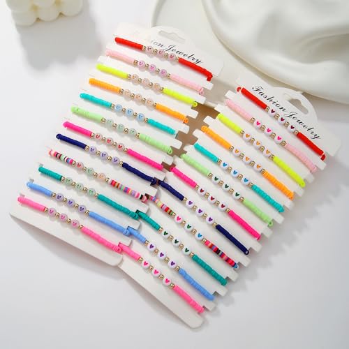 Heishi Surfer Clay Bead Bracelets Set for Women - Preppy Smile Evil Eye Beaded Stretch Bracelets Elastic Layering Friendship Bracelets- Stackable Boho Disc Summer Jewelry Set - color: 12PC-3heart-B