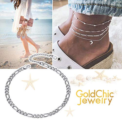 Adjustbale Link Chain Anklet for Women Summer Jewelry, 316L Stainless Steel Figaro/Wheat/Twist Rope/Cuban Foot Bracelet-Waterproof, Resizable 9"-12" (Gift Box Included) - color: 3, Figaro - Stainless Steel