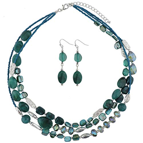 Coiris 3 Multi Layer Shell Glass Beaded Fashion Necklace for Women 21" - color: N0001-teal+silver