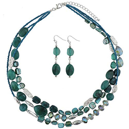 Coiris 3 Multi Layer Shell Glass Beaded Fashion Necklace for Women 21" - color: N0001-teal+silver