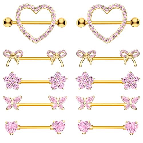 BSJ4U Nipple Piercing Jewelry 14G Stainless Steel Nipple Rings for Women Heart Butterfly Flower Bow Nipple Barbells - color: Gold Pink CZ Nipple Piercing Jewelry