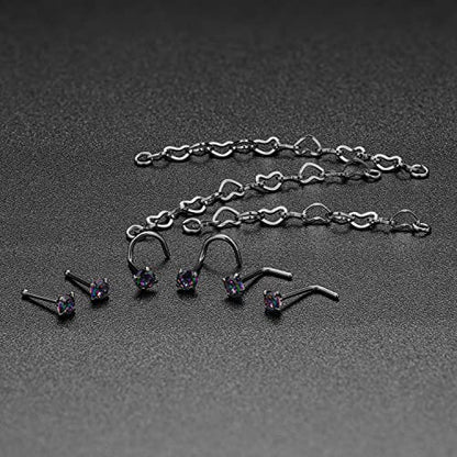 Nose Ring Chain Across Nose Black Stainless Steel Nostril Nose Piercing Chain with Cubic Zirconia Nose Screw Bone L-Shaped Ring for Women Body Piercing Nostril Jewelry with Bridge Chain - color: Silver-Heart Nose Chain Studs