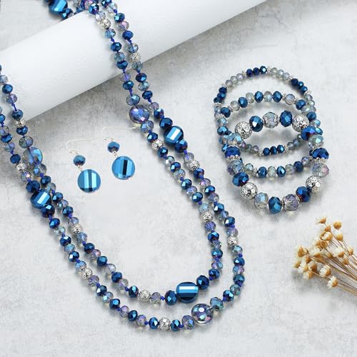 Trendy Infinity Wrap 60’’ Long Statement Necklace, Earrings and Bracelet Set - Hand Knotted Versatile Crystal and Shell Beads Strand Necklace and Chunky Beaded Stretch Bracelet Stack – Jewelry Set Gift for Women - color: Blue/Round Earrings
