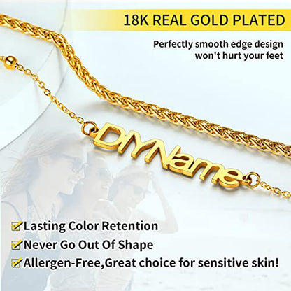 ChainsHouse Double Layer Anklet Bracelet for Women,Adjustable Chain Anklets Stackable Dainty Anklets,Stainless Steel/Gold Plated/Black Ankle Jewelry Gifts - color: B-Gold Plated-Wheat Chain